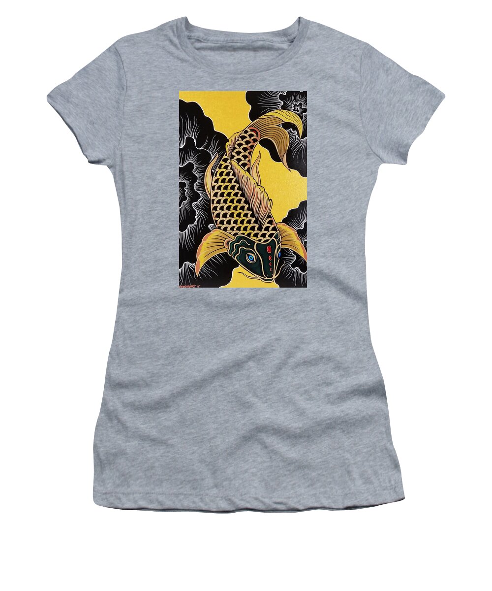 Koi Fish Women's T-Shirt featuring the painting Golden Koi Fish by Bryon Stewart