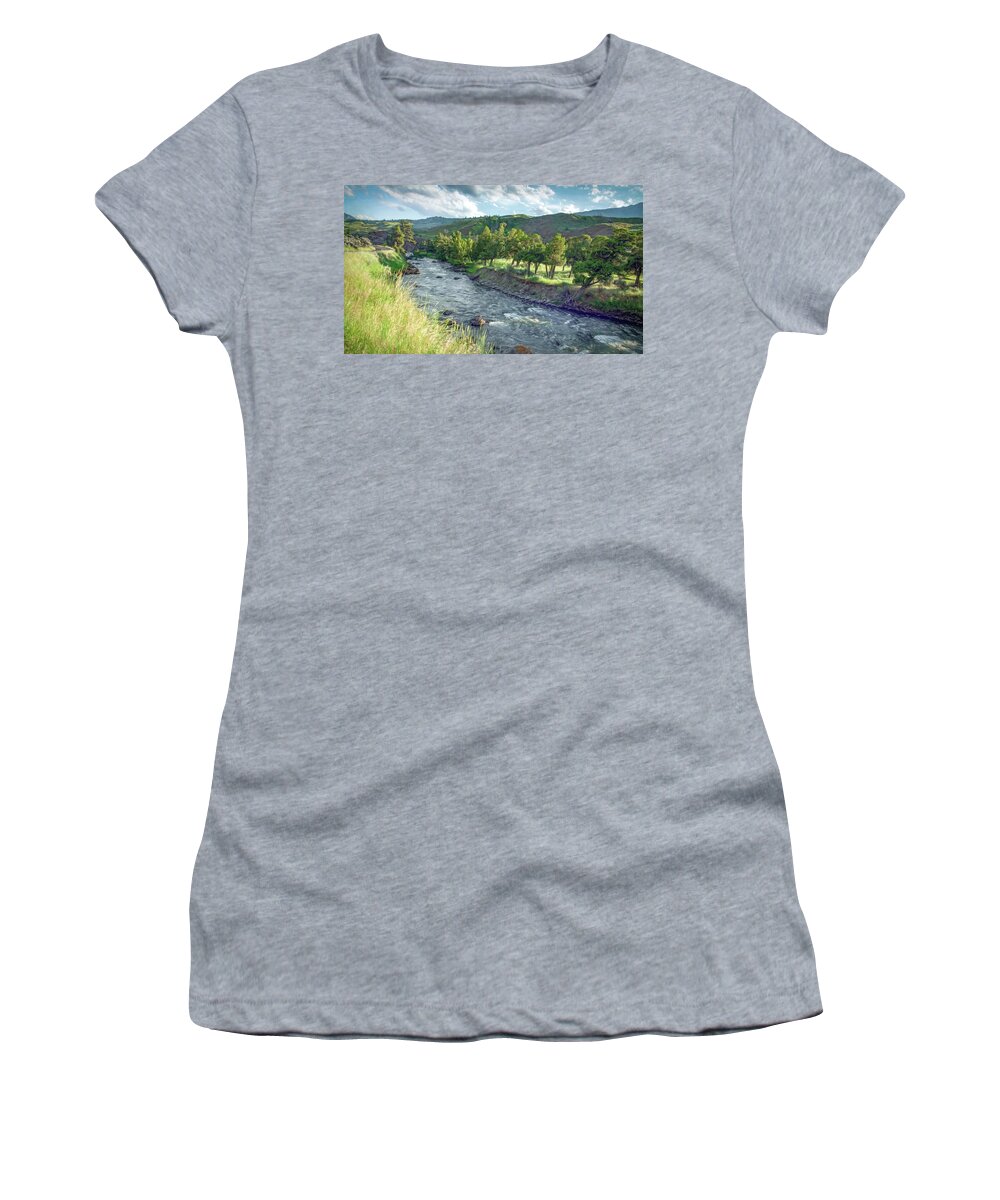 Yellowstone National Park Women's T-Shirt featuring the photograph Golden Light Along the Yellowstone River by Marcy Wielfaert