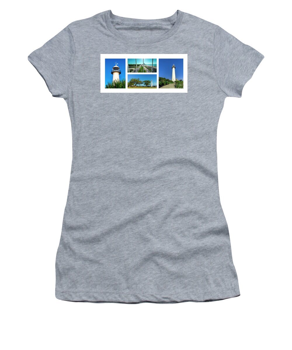 Biloxi Women's T-Shirt featuring the photograph Grand Old Lighthouse Biloxi MS Collage A1a by Ricardos Creations