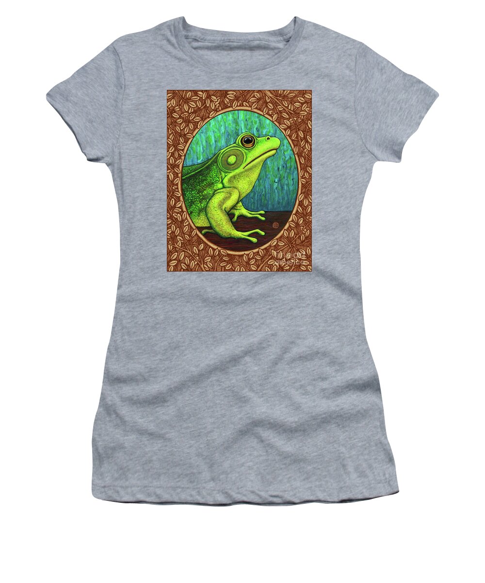 Animal Portrait Women's T-Shirt featuring the painting Green Frog Portrait - Brown Border by Amy E Fraser