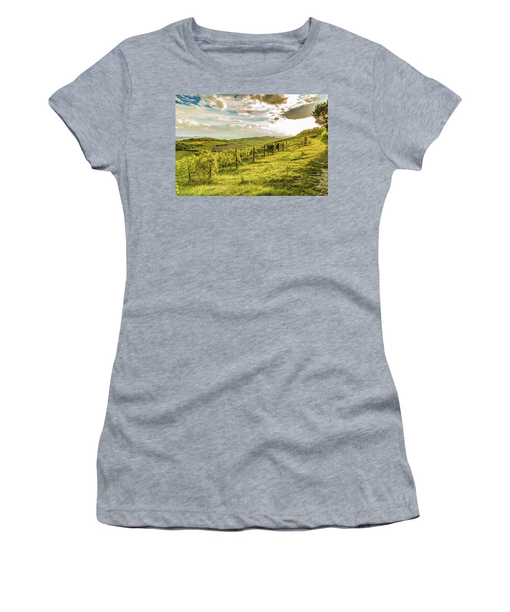 Italy Women's T-Shirt featuring the photograph green vineyards of Italian hills by Vivida Photo PC