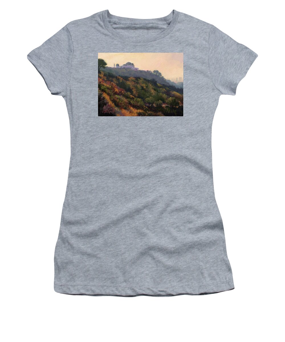 Griffith Park Women's T-Shirt featuring the painting Griffith Park Observatory- Late Morning by Jane Thorpe