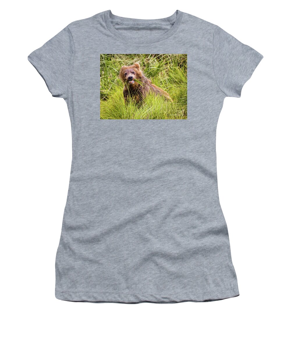 Bear Women's T-Shirt featuring the photograph Grizzly cub grazing, Alaska by Lyl Dil Creations