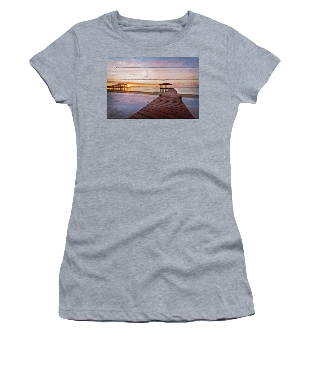 Boats Women's T-Shirt featuring the photograph Happiest Hour with Wood Textures by Debra and Dave Vanderlaan