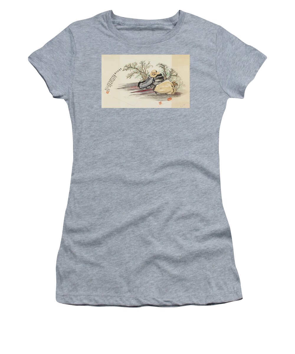 Chinese Watercolor Women's T-Shirt featuring the painting Happy Wandering Buddha #3 by Jenny Sanders