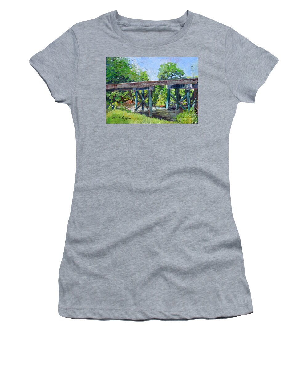 Bridge Women's T-Shirt featuring the painting Harrison Park Bridge-Ellijay River - Sun Peeking Under by Jan Dappen
