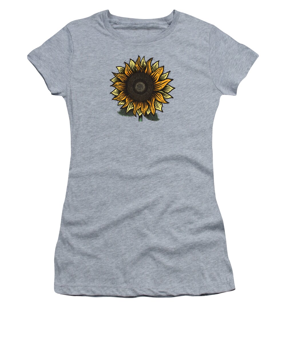 Sun Women's T-Shirt featuring the painting Here Comes The Sunflower Woodcut by Little Bunny Sunshine