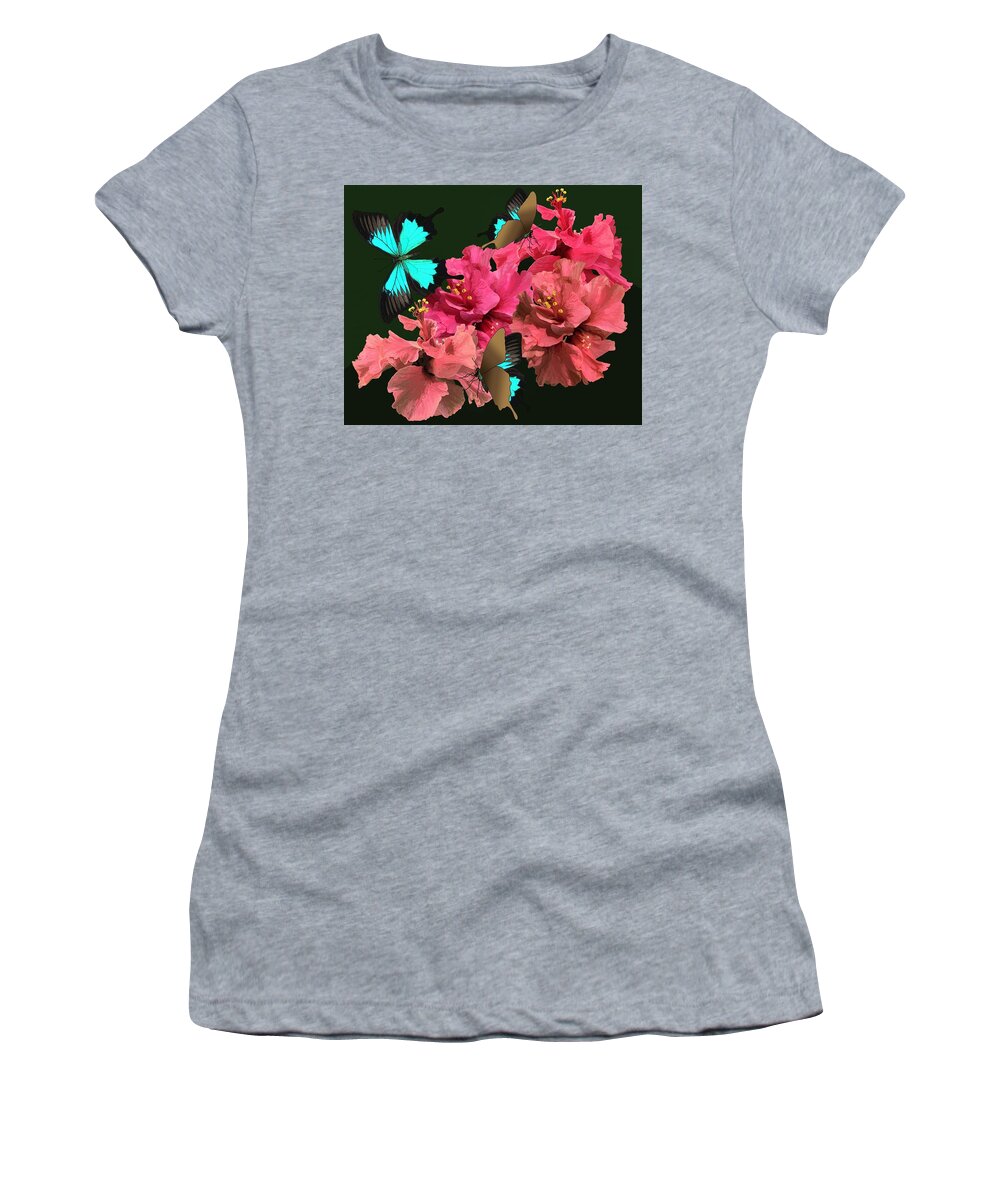 Hibiscus Women's T-Shirt featuring the drawing Hibiscus Butterfly Joy by Joan Stratton