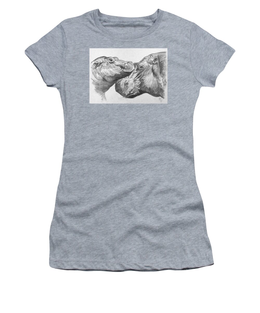 Hippo Women's T-Shirt featuring the painting Hippo Love Black and White by Mark Ray