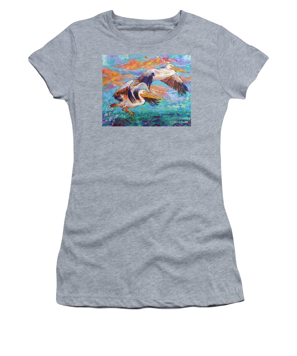  Women's T-Shirt featuring the painting Homeward Bound Pelicans by Jyotika Shroff