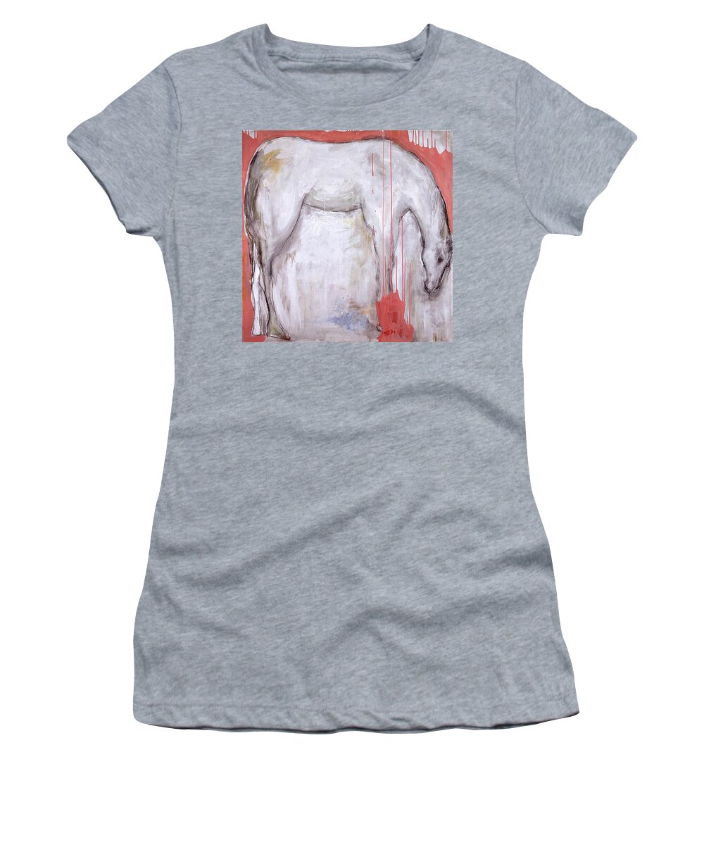 Horse Women's T-Shirt featuring the painting Horse with Pink by Janet Zoya