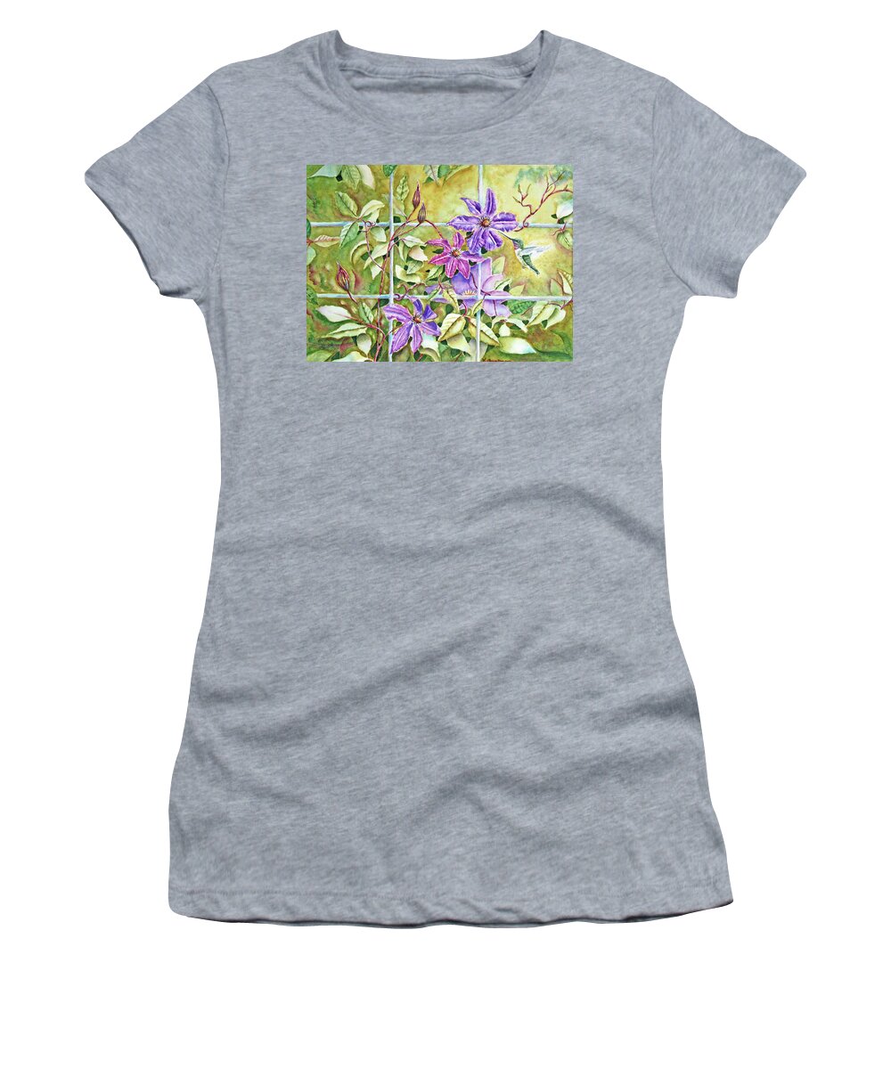 Hummingbird Women's T-Shirt featuring the painting Hummingbird and Clematis by Kathryn Duncan