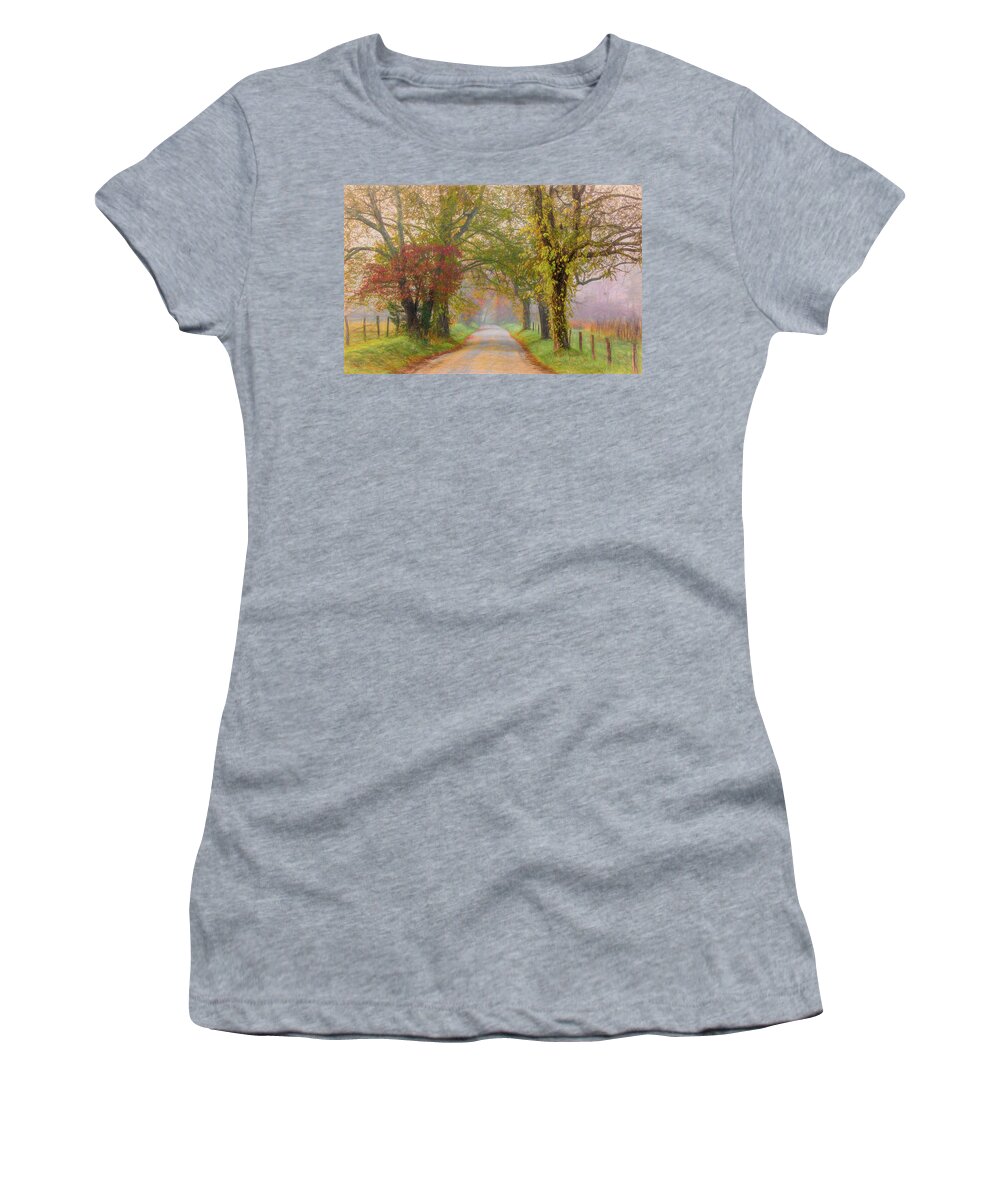 Cades Cove Women's T-Shirt featuring the photograph In the Light of Autumn by Marcy Wielfaert