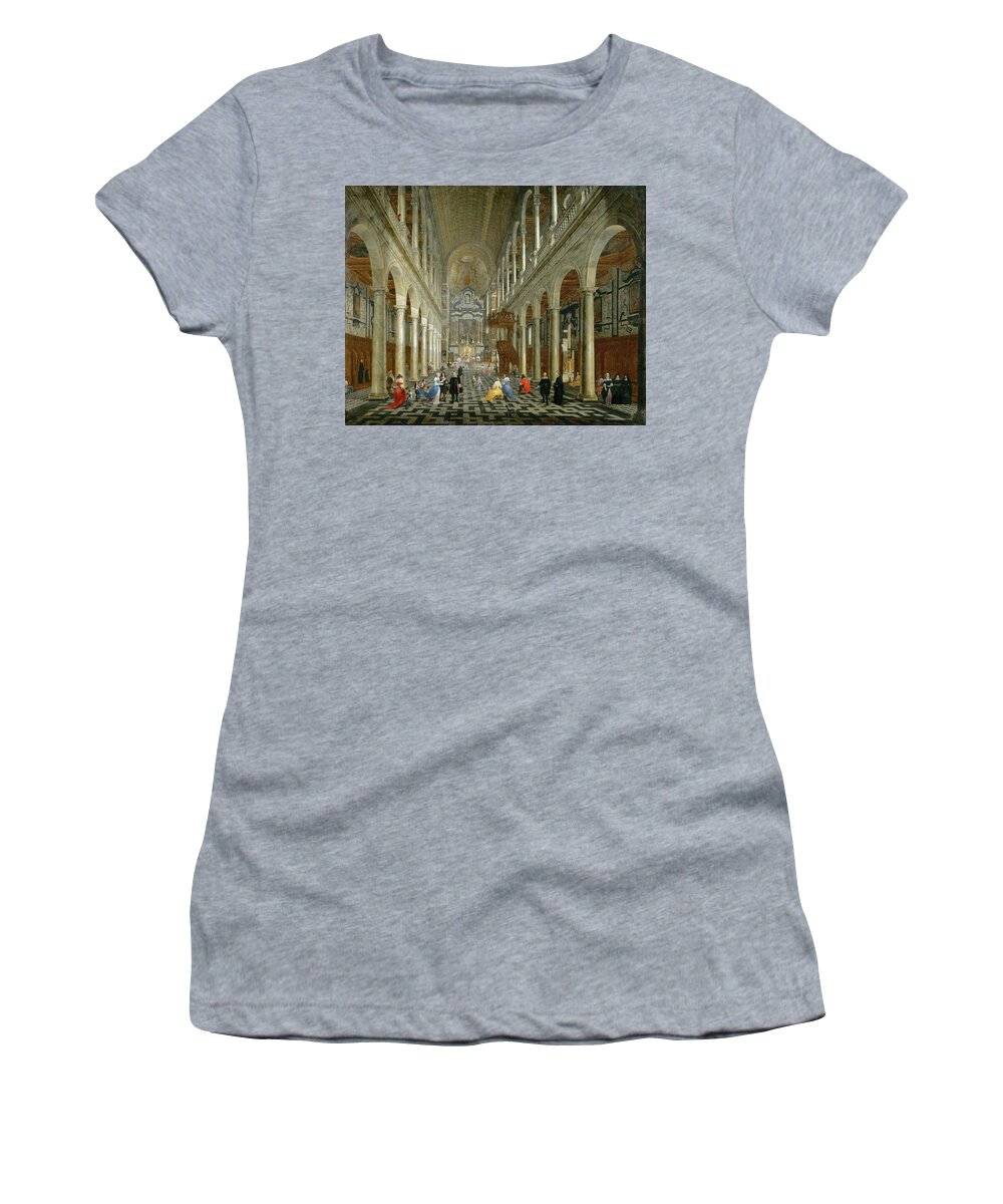 Anton Guenther Gheringh Women's T-Shirt featuring the painting Interior of the Jesuit Church in Antwerp. Canvas -1665- 113 x 141 cm Inv. 602. by Anton Guenther Gheringh