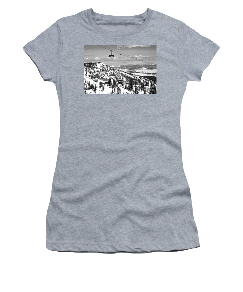 Jackson Hole Women's T-Shirt featuring the photograph Jackson Hole Big Red Tram In The Tetons Black And White by Adam Jewell