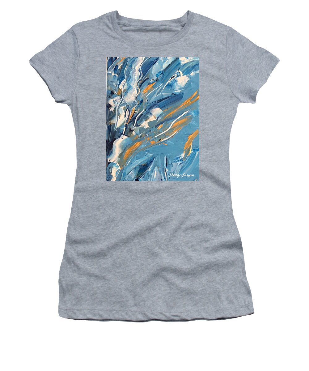 Garden Blue Gold Sea. Sky Women's T-Shirt featuring the painting Jardin bleu by Medge Jaspan