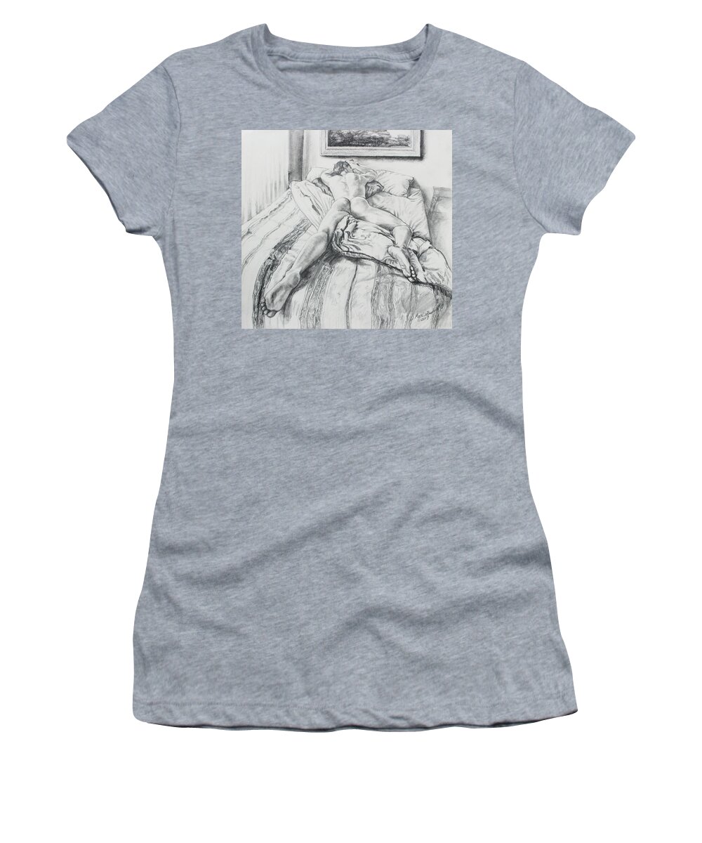 Male Nude Women's T-Shirt featuring the drawing Jeremy on the Bed by Marc DeBauch