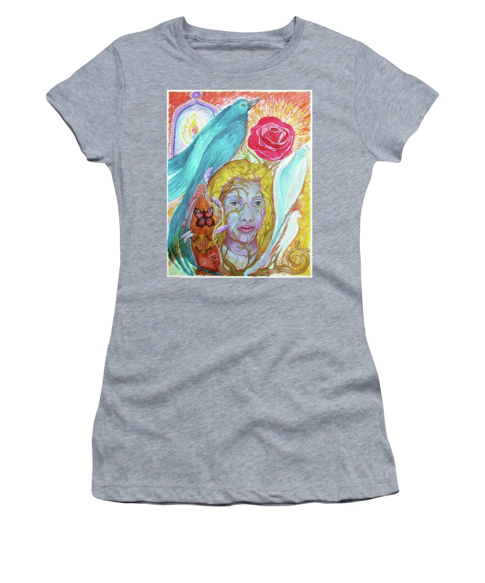 : Hiding Figure Women's T-Shirt featuring the painting Journey Into Visibility by Feather Redfox