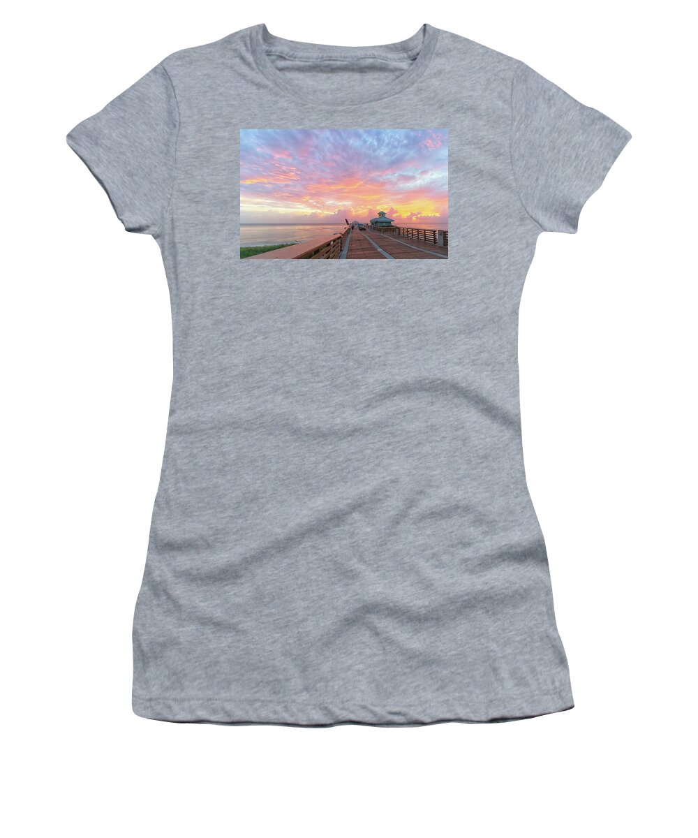 Beach Women's T-Shirt featuring the photograph Juno Beach Pier Sunrise by Steve DaPonte