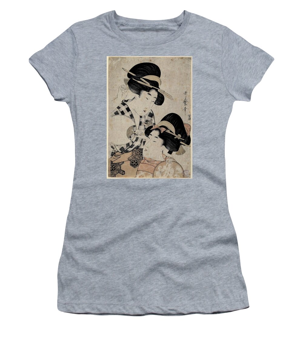 Kitagawa Utamaro Women's T-Shirt featuring the drawing Kitagawa Utamaro, Yamashiroya Toemon / 'Dos jovenes mujeres con abanico', 1790-1800. by Kitagawa Utamaro -1753-1806- Yamashiroya Toemon -19th cent -
