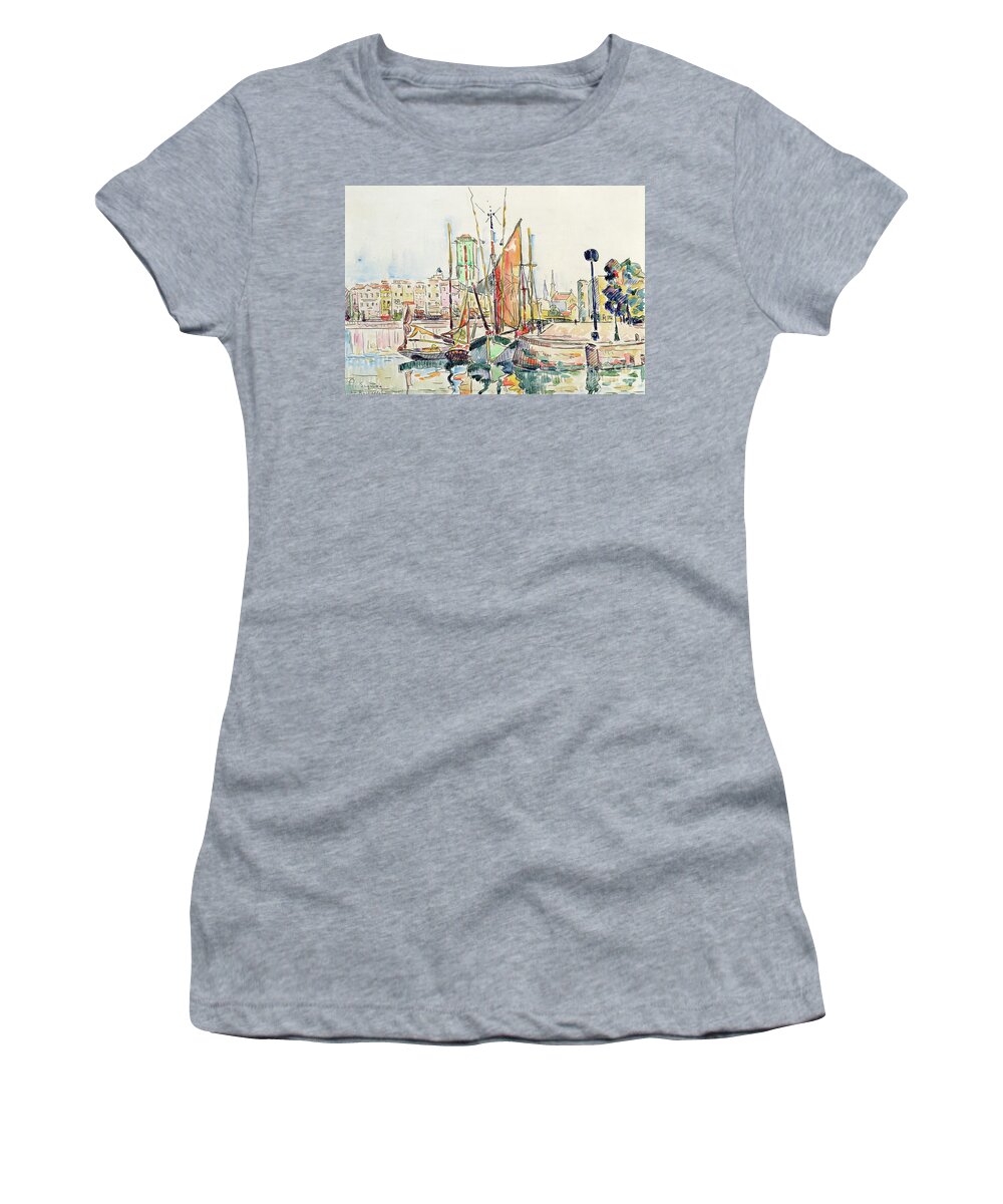 Harbor Women's T-Shirt featuring the painting La Rochelle Boats and Houses by Paul Signac