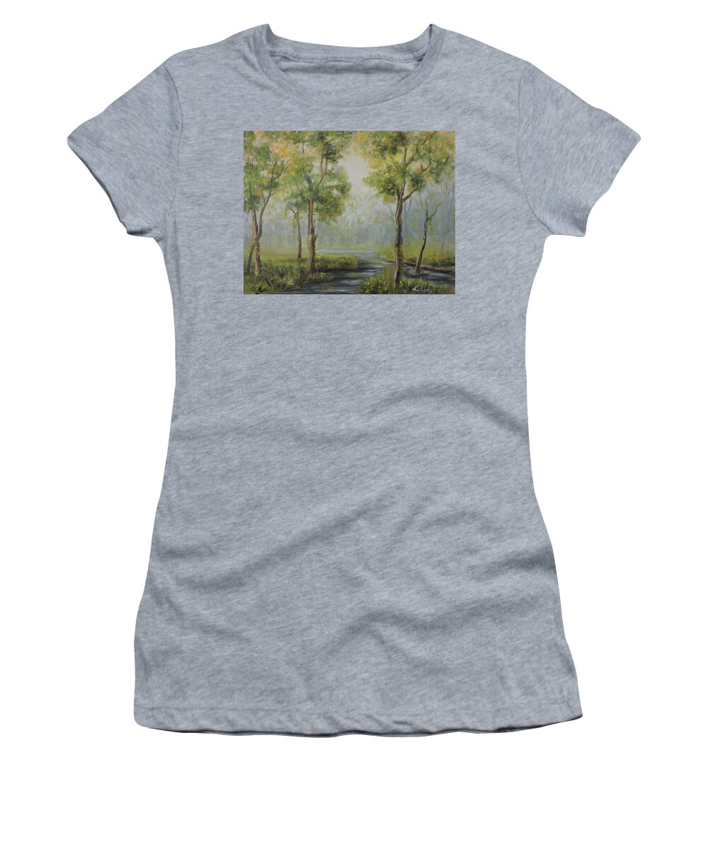 Mountain Meadow Alpine Women's T-Shirt featuring the painting Landscape of the Great Swamp of New Jersey with pond by Katalin Luczay