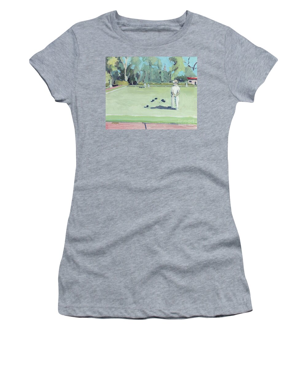 Lawn Bowling Women's T-Shirt featuring the painting Lawn Bowling in Balboa Park San Diego California by Paul Strahm