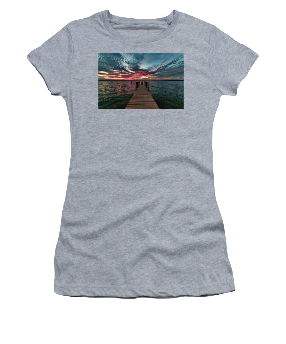 Clouds Women's T-Shirt featuring the photograph Light show at the pier by Joe Holley