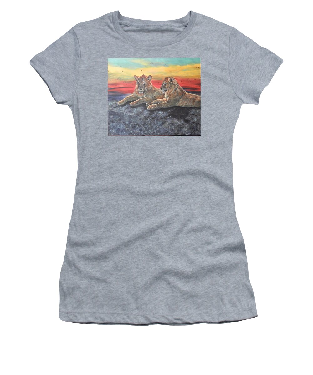 Lion Women's T-Shirt featuring the painting Lion Sunset by John Neeve