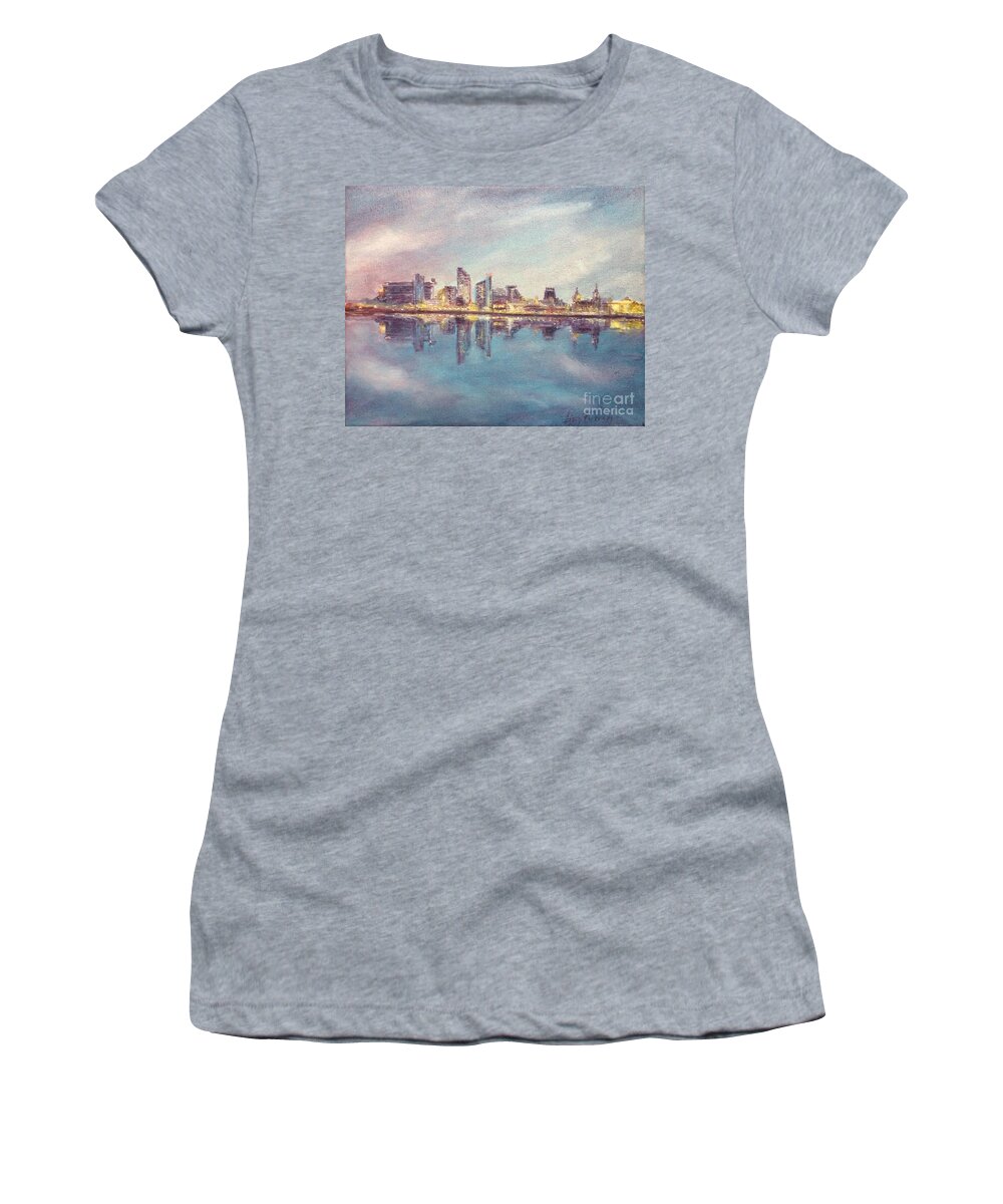 Liverpool Women's T-Shirt featuring the painting Liverpool Skyline 1 by Lizzy Forrester