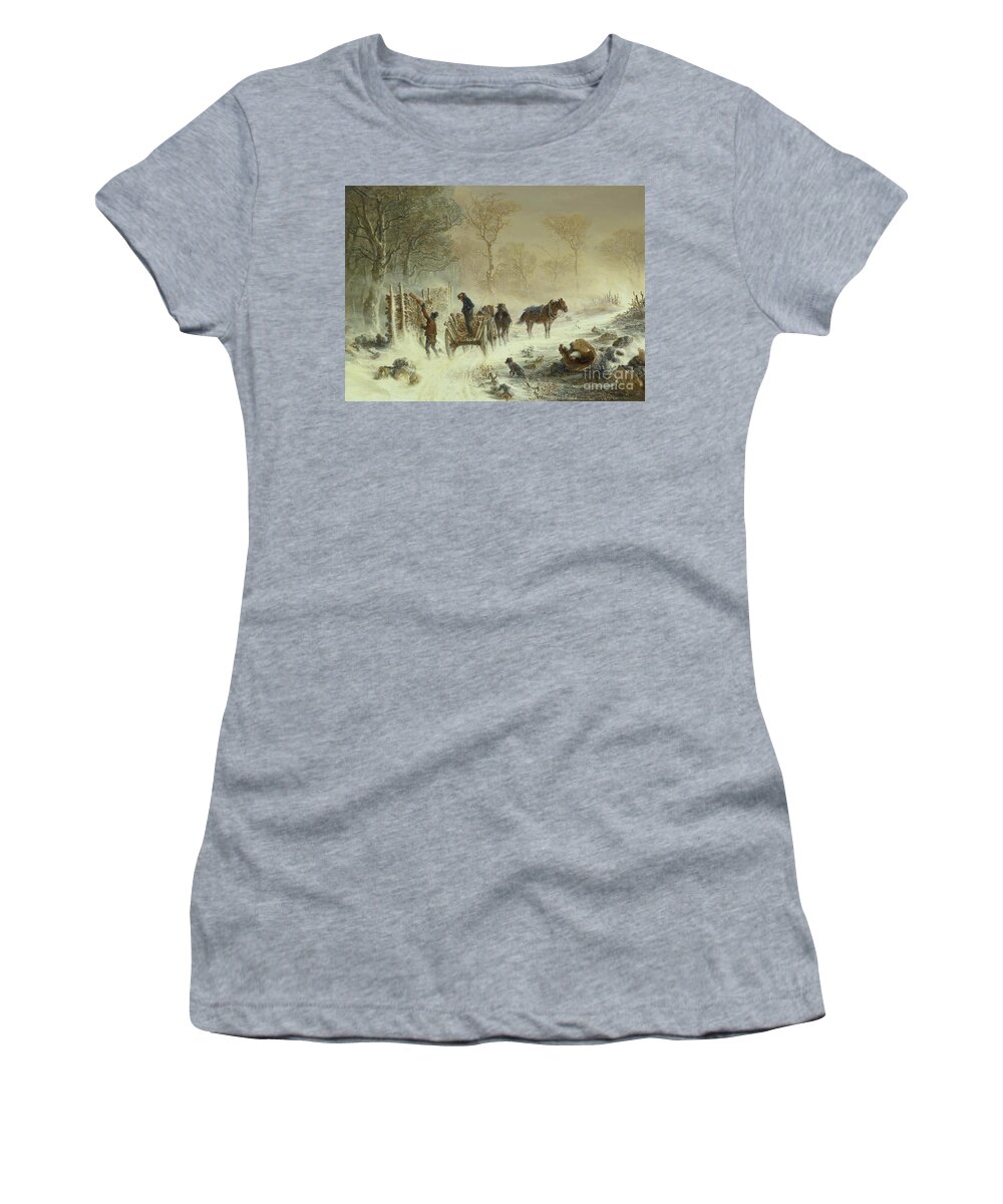 Snow Storm Women's T-Shirt featuring the painting Loading Wood in the Snow, 1858 by Hermann Kauffmann