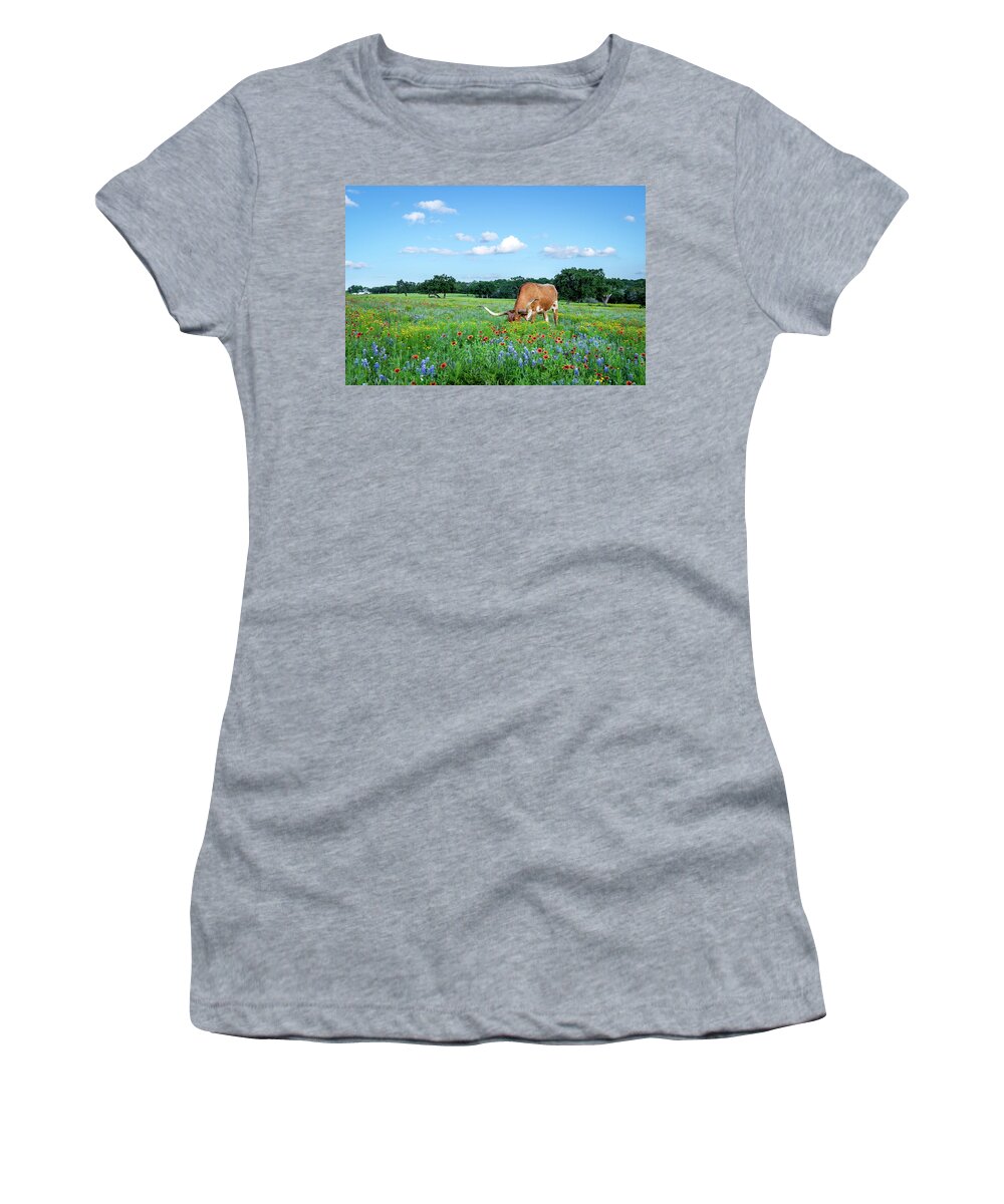 Texas Wildflowers Women's T-Shirt featuring the photograph Longhorns In Bluebonnets II by Johnny Boyd