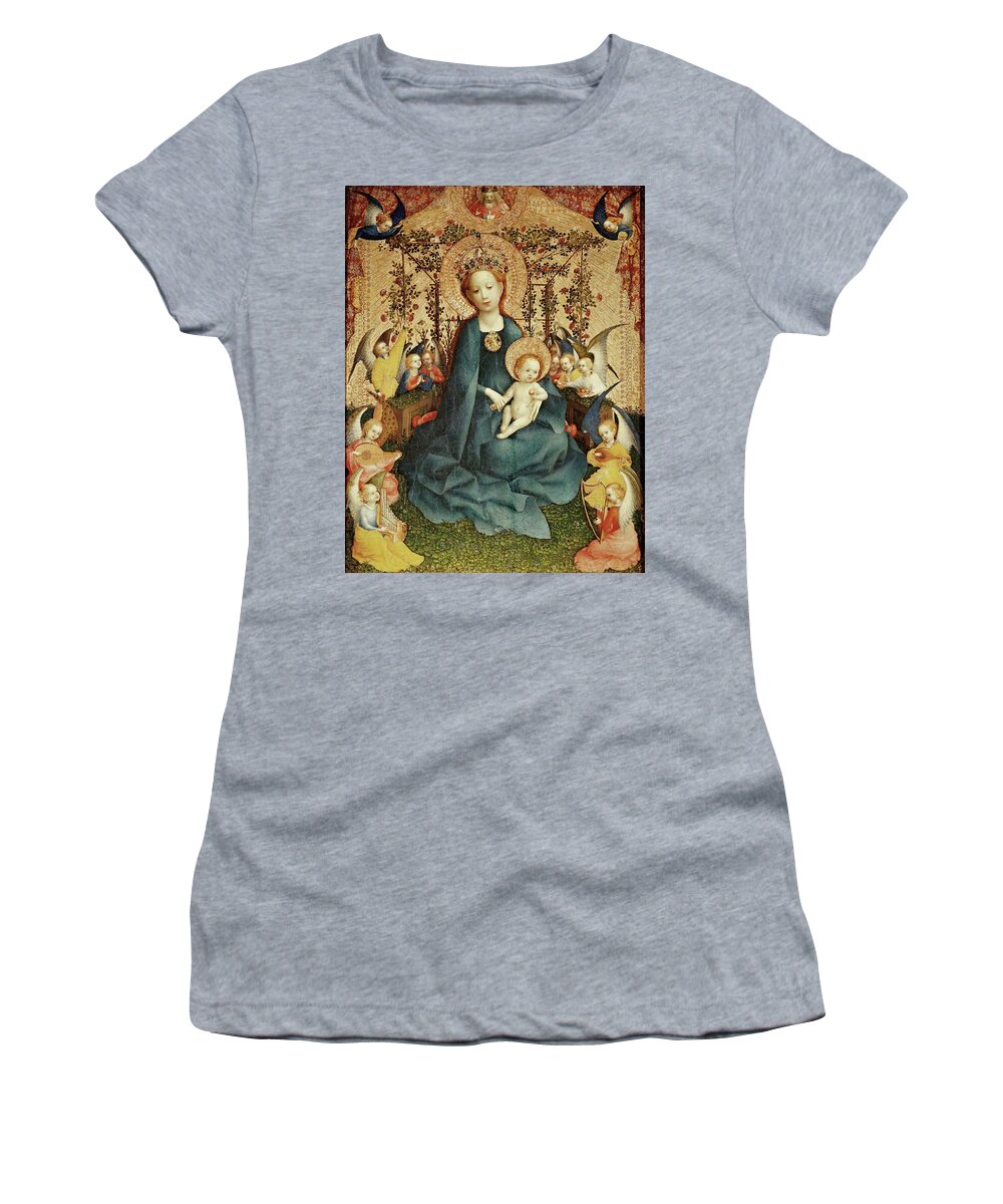 Stephan Lochner Women's T-Shirt featuring the painting Madonna and Child in the Rose-Garden. by Stephan Lochner