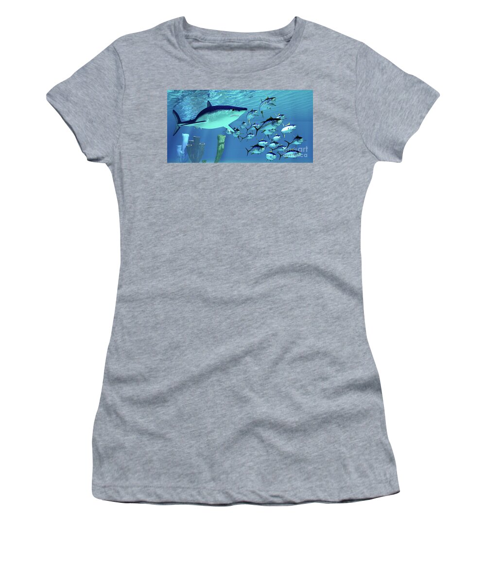 Maco Shark Women's T-Shirt featuring the digital art Mako Shark after Yellowfin Tuna by Corey Ford