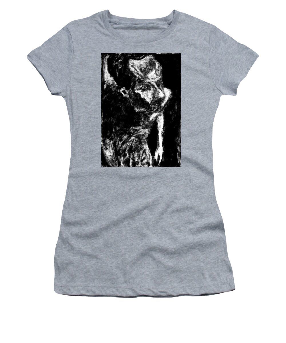 Standing Women's T-Shirt featuring the digital art Male nude standing crouched Monochrome 5 by Edgeworth Johnstone