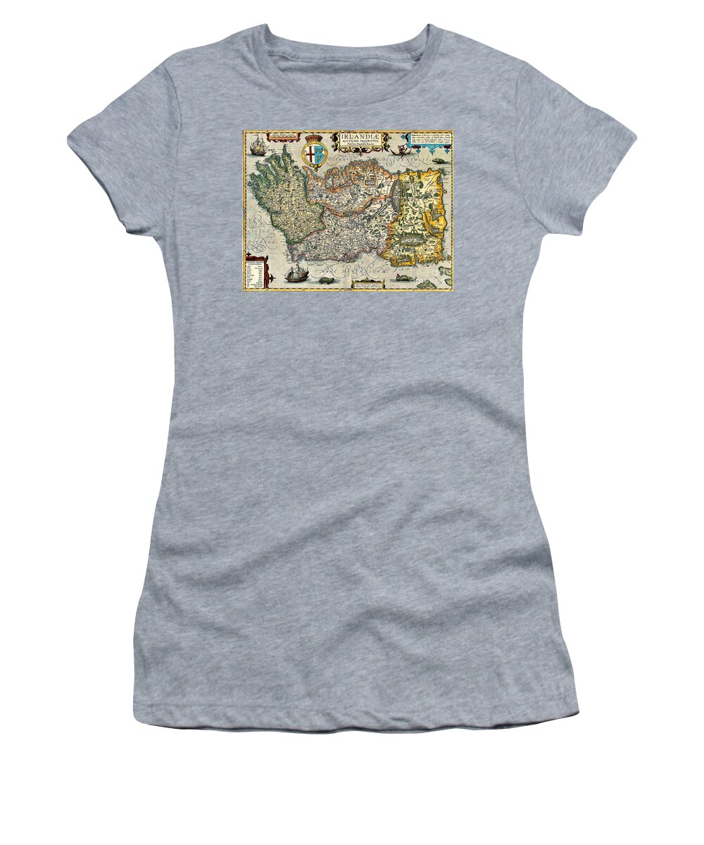 Ireland Women's T-Shirt featuring the photograph Map of Ireland by Boazio 1586 by Val Byrne