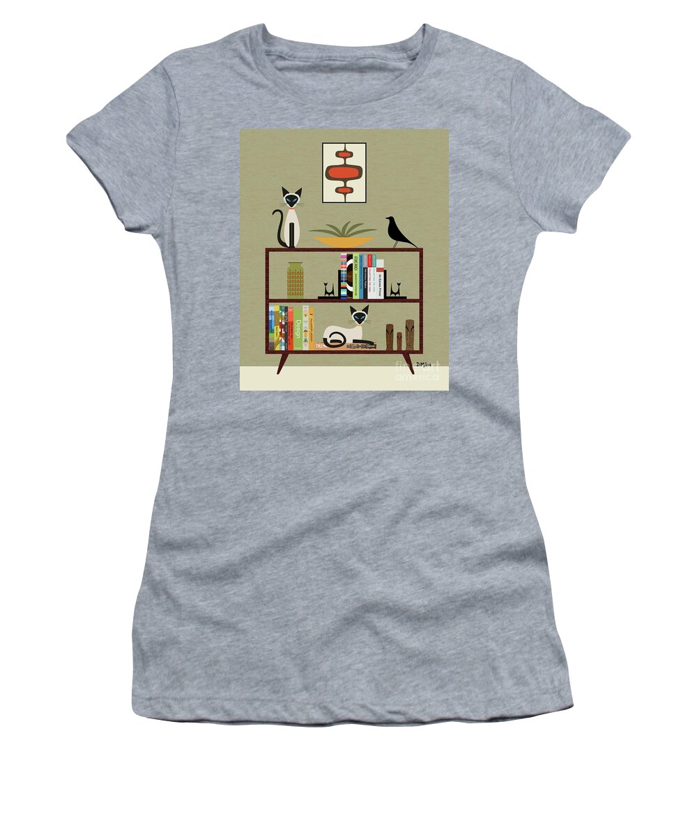 Mid Century Modern Women's T-Shirt featuring the digital art Mid Century Bookcase with Siamese by Donna Mibus