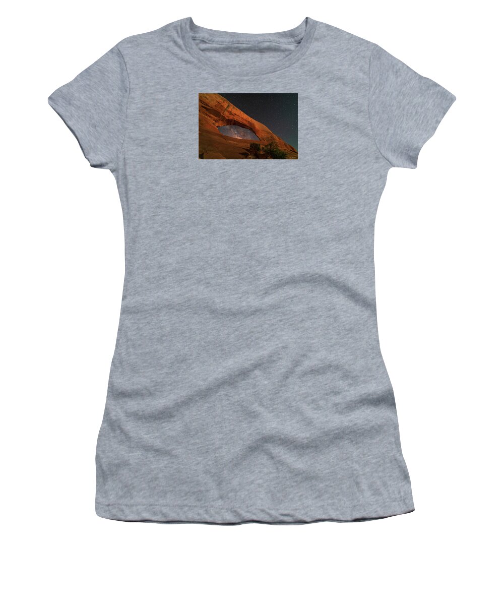 Wilson Arch Women's T-Shirt featuring the photograph Milky Way framed by Wilson Arch by Dan Norris