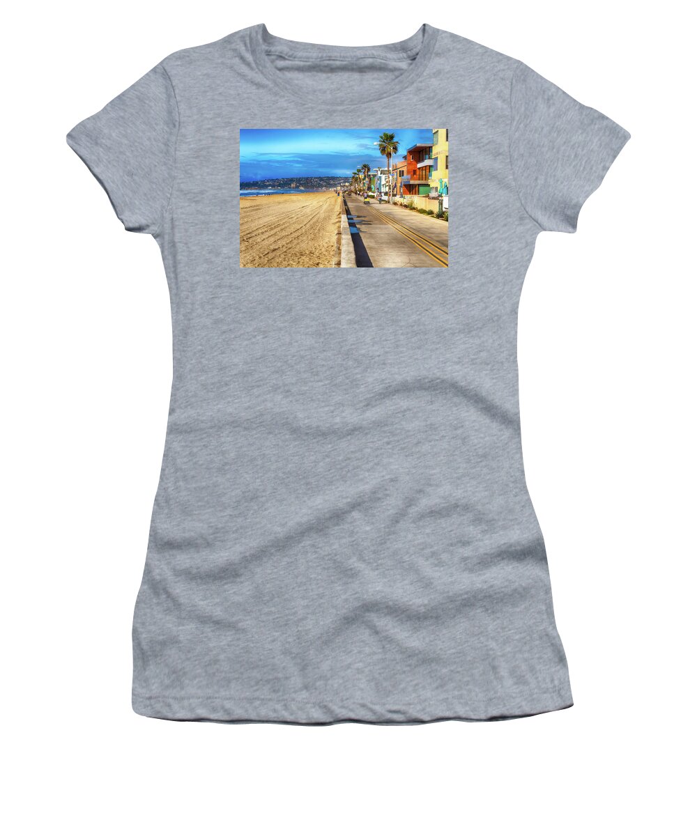 Boardwalk Women's T-Shirt featuring the photograph Mission Beach Boardwalk by Alison Frank