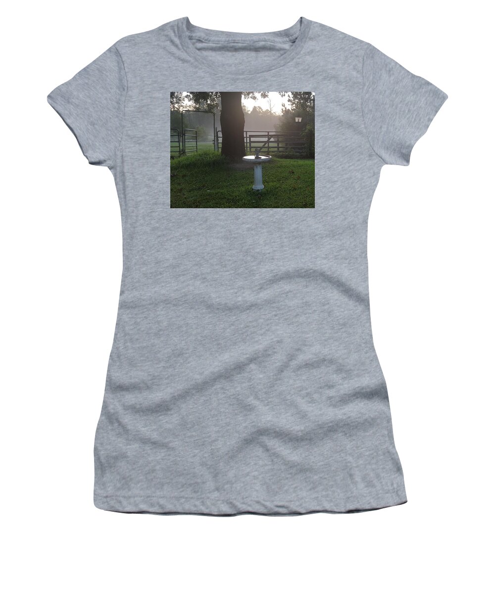Country Mist Women's T-Shirt featuring the photograph Mists And A Morning Bird Bath by Pamela Smale Williams