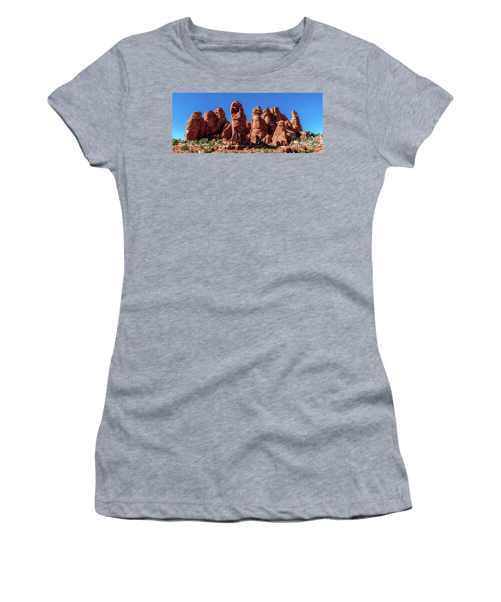 Moab Balanced Rock Women's T-Shirt featuring the photograph Moab Arches Stonehenge 2.5 to 1 Ratio by Aloha Art