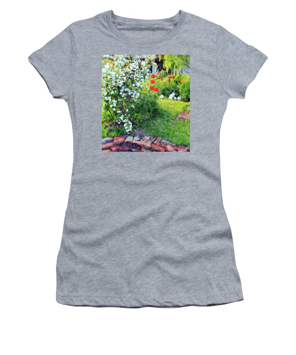 Flowering Bush Women's T-Shirt featuring the digital art Mock Orange and Poppies by Judi Suni Hall