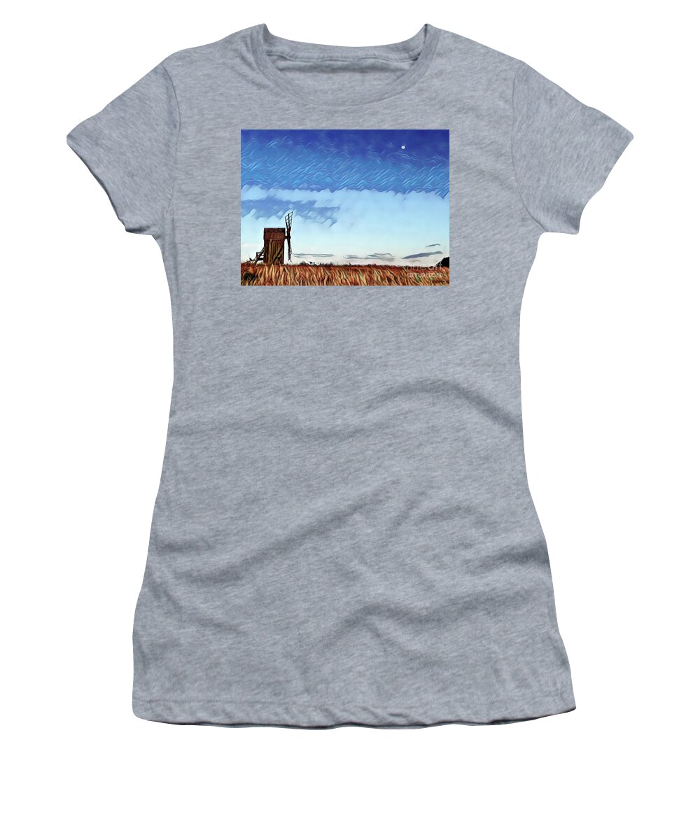 Mill Women's T-Shirt featuring the digital art Moon and Windmill by Elaine Berger