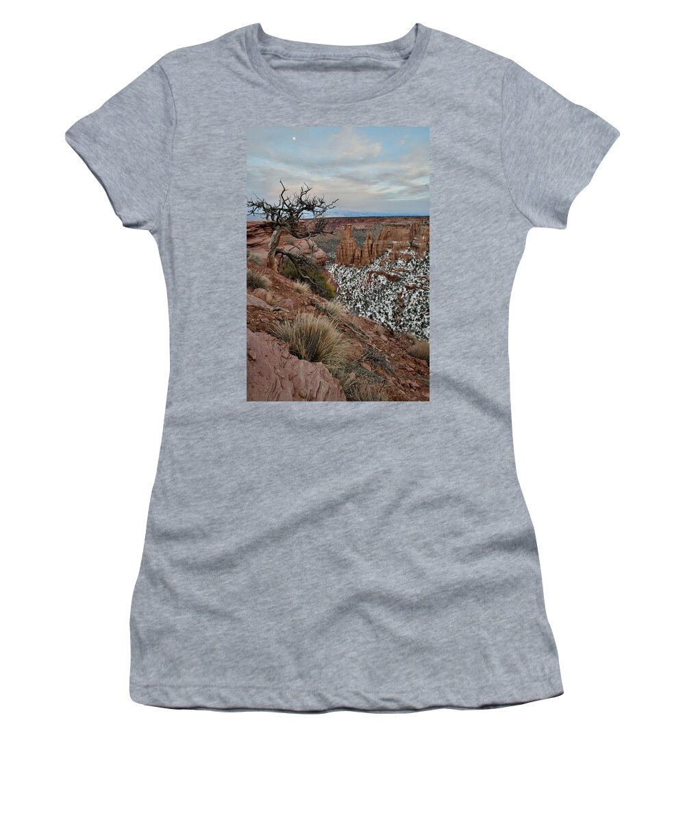 Colorado National Monument Women's T-Shirt featuring the photograph Moon Rising over Grand View Point in Colorado National Monument by Ray Mathis