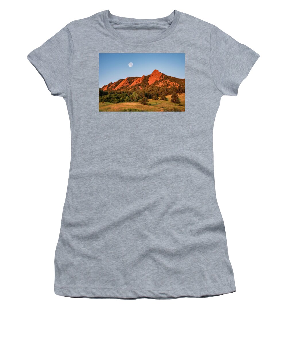 Boulder Women's T-Shirt featuring the photograph Moonset over the Flatirons by Darren White