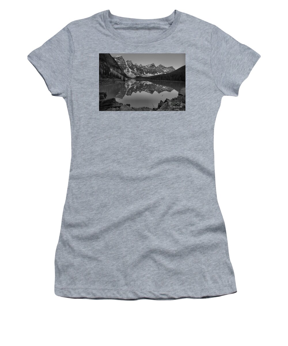 Moraine Lake Sunrise Women's T-Shirt featuring the photograph Moraine Lake Dawn Pink Peaks Black And White by Adam Jewell