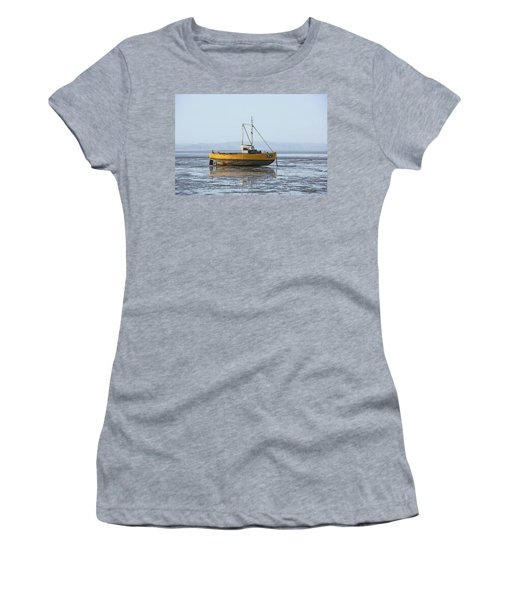 Morecambe Bay Women's T-Shirt featuring the photograph MORECAMBE. Yellow Fishing Boat. by Lachlan Main