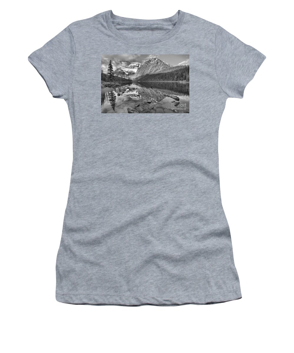 Cavell Women's T-Shirt featuring the photograph Morning Reflections In Cavell Pond Black And White by Adam Jewell