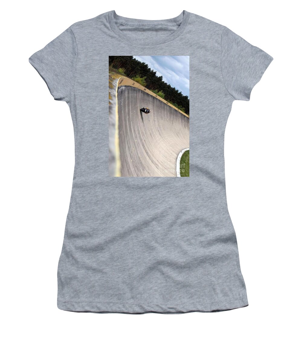 Vintage Women's T-Shirt featuring the photograph Motorcycle Racing On Steep Banked Race Track by Retrographs