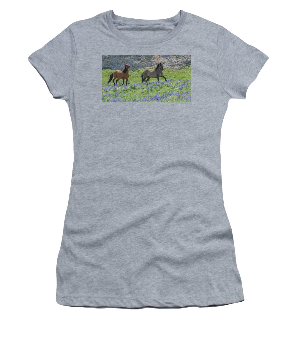 Wild Horses Women's T-Shirt featuring the photograph Mustang Run by Marcy Wielfaert